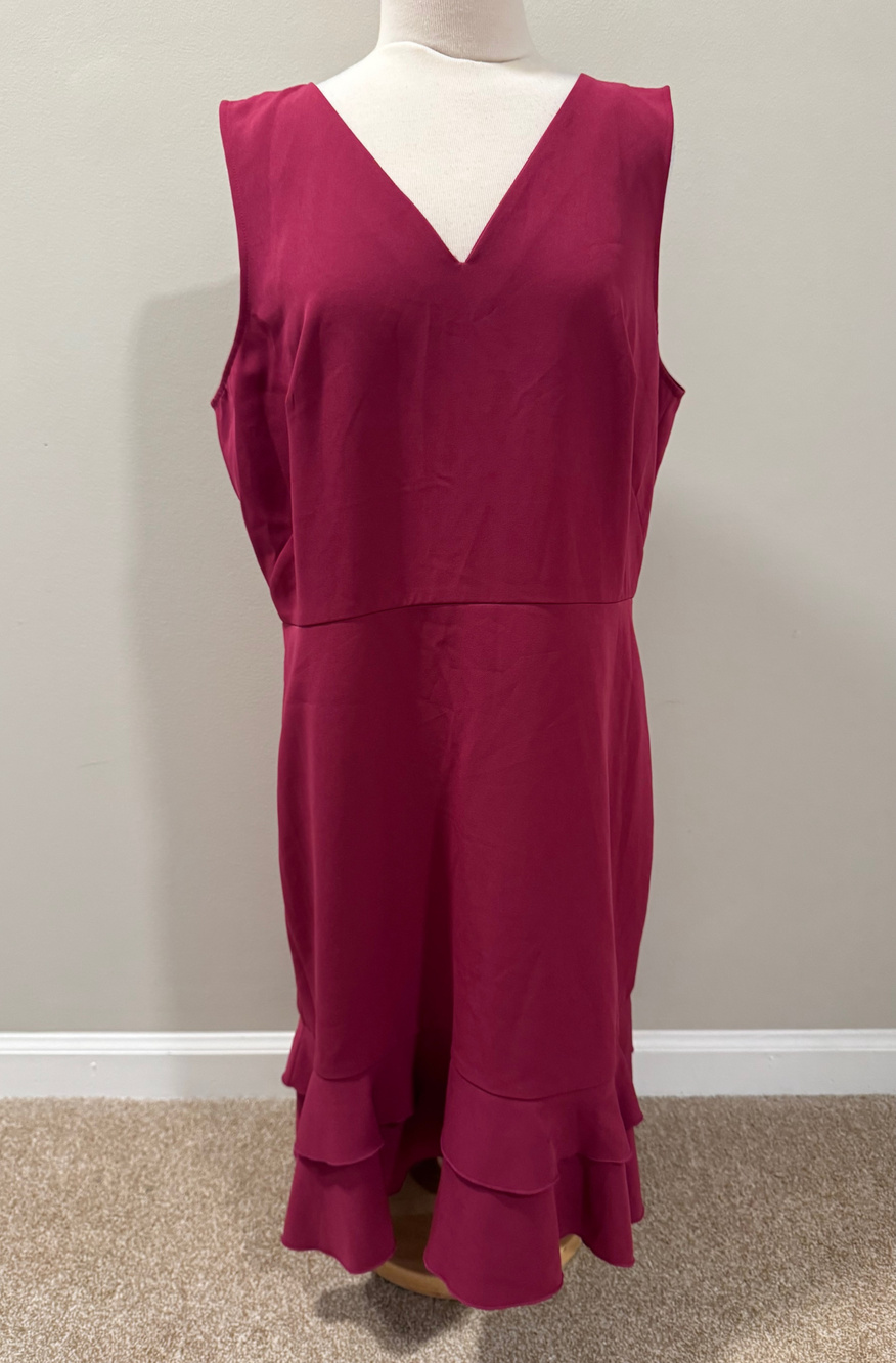 LOFT Sz 14 Dress Berry Magenta Pink V-Neck Sleeveless Tiered Ruffle Hem Flounce